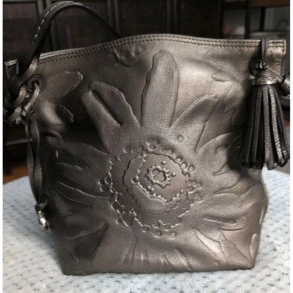 Brighton Handbags - Vintage Brighton Bronze Color Leather Floral Embossed Tassel, Tag Shoulder Bag